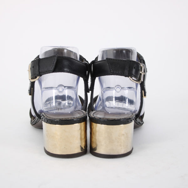 Lanvin Sz 39.5 Black Reptile Gold Strappy Buckle Leather 1.75" Heels