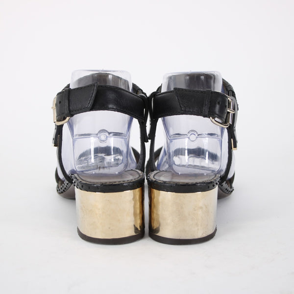 Lanvin Sz 39.5 Black Reptile Gold Strappy Buckle Leather 1.75" Heels