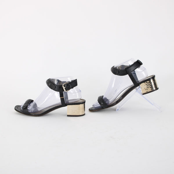 Lanvin Sz 39.5 Black Reptile Gold Strappy Buckle Leather 1.75" Heels
