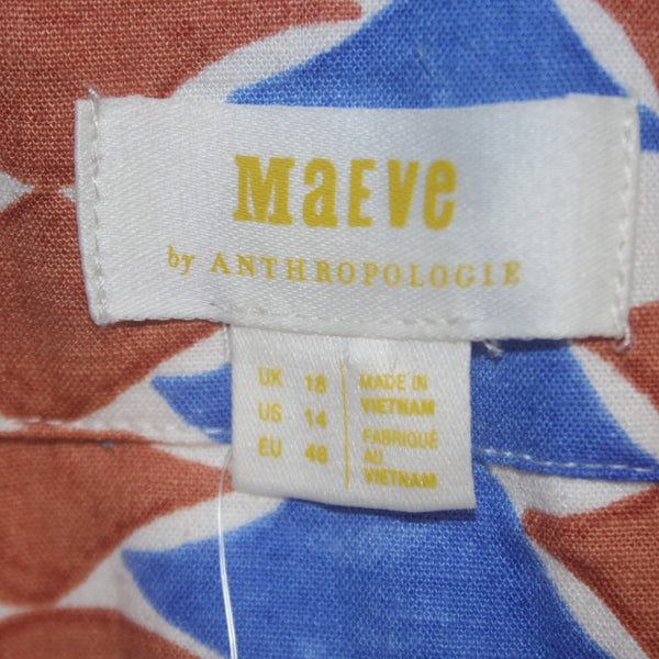 Anthropologie Dress NEW $148 Maeve Sz 14 Blue Brown White Linen Viscose Dress