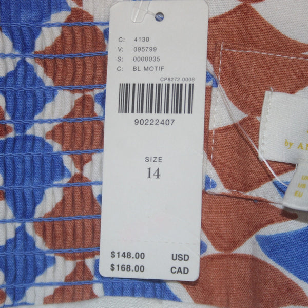 Anthropologie Dress NEW $148 Maeve Sz 14 Blue Brown White Linen Viscose Dress