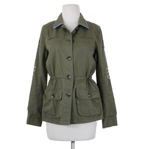 Hei Hei Sz XS Olive Green Blue Trim Embroidered Tie Back Cotton Pockets Jacket