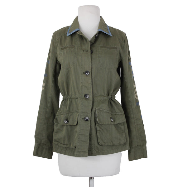 Hei Hei Sz XS Olive Green Blue Trim Embroidered Tie Back Cotton Pockets Jacket