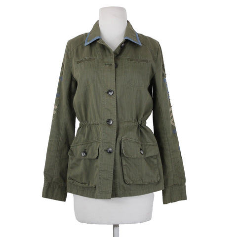 Hei Hei Sz XS Olive Green Blue Trim Embroidered Tie Back Cotton Pockets Jacket