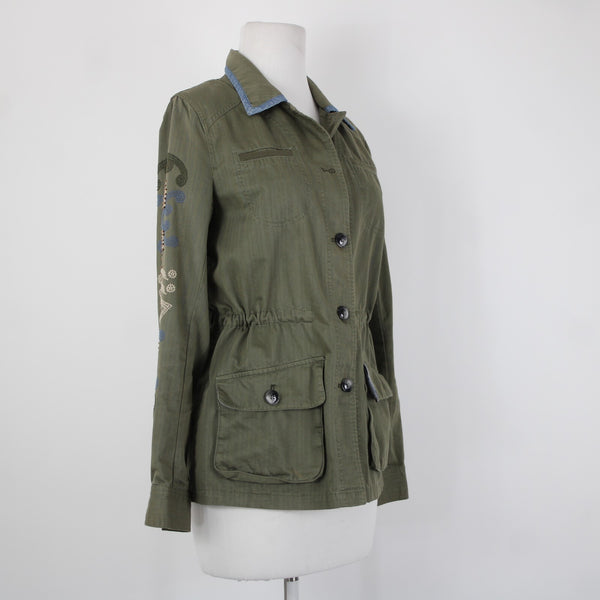 Hei Hei Sz XS Olive Green Blue Trim Embroidered Tie Back Cotton Pockets Jacket