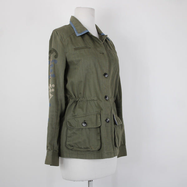 Hei Hei Sz XS Olive Green Blue Trim Embroidered Tie Back Cotton Pockets Jacket
