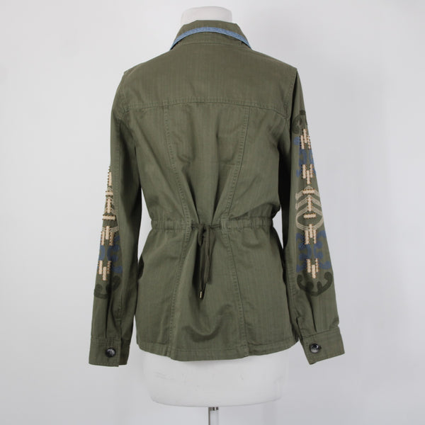 Hei Hei Sz XS Olive Green Blue Trim Embroidered Tie Back Cotton Pockets Jacket