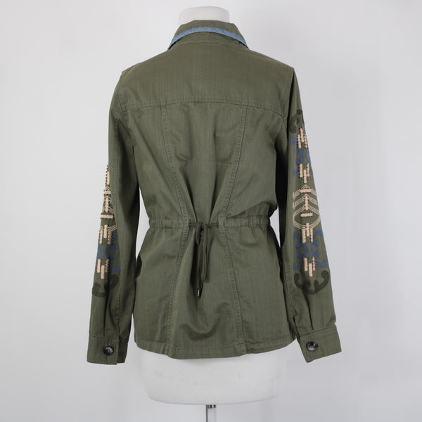 Hei Hei Sz XS Olive Green Blue Trim Embroidered Tie Back Cotton Pockets Jacket