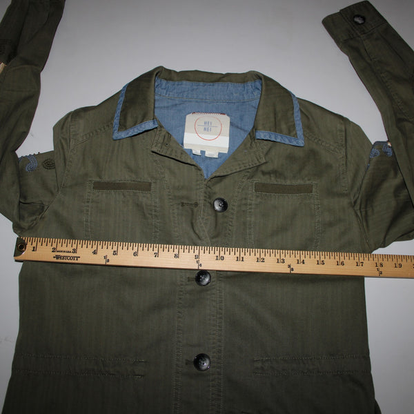 Hei Hei Sz XS Olive Green Blue Trim Embroidered Tie Back Cotton Pockets Jacket