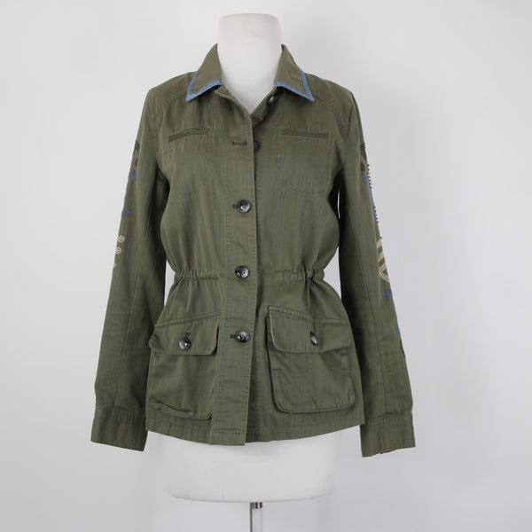 Hei Hei Sz XS Olive Green Blue Trim Embroidered Tie Back Cotton Pockets Jacket