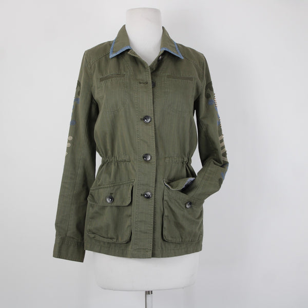 Hei Hei Sz XS Olive Green Blue Trim Embroidered Tie Back Cotton Pockets Jacket