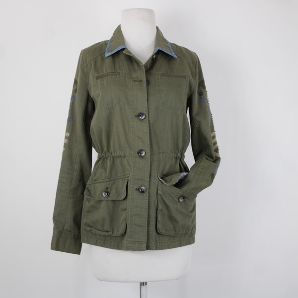 Hei Hei Sz XS Olive Green Blue Trim Embroidered Tie Back Cotton Pockets Jacket