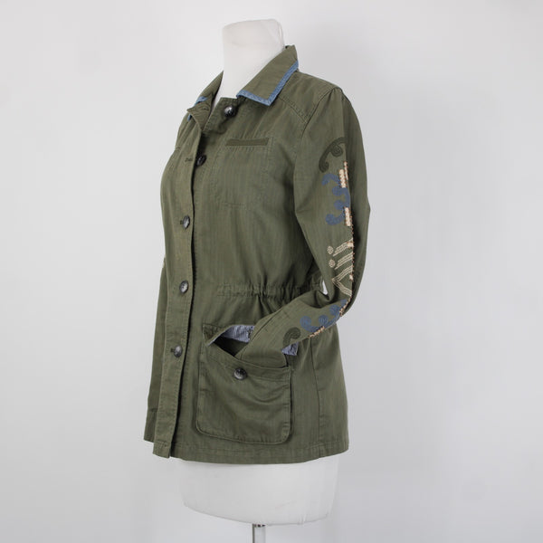 Hei Hei Sz XS Olive Green Blue Trim Embroidered Tie Back Cotton Pockets Jacket