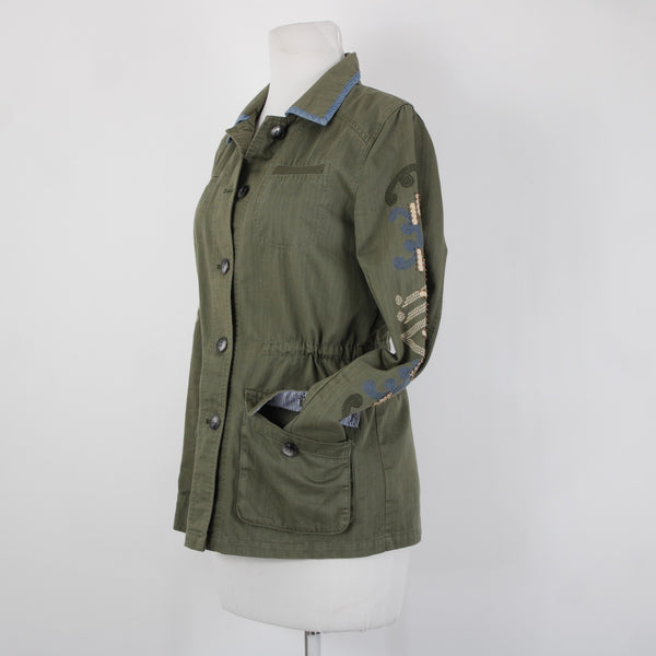 Hei Hei Sz XS Olive Green Blue Trim Embroidered Tie Back Cotton Pockets Jacket