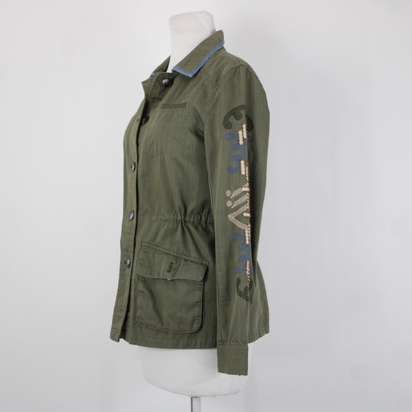 Hei Hei Sz XS Olive Green Blue Trim Embroidered Tie Back Cotton Pockets Jacket