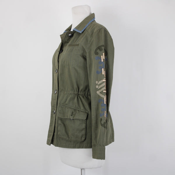 Hei Hei Sz XS Olive Green Blue Trim Embroidered Tie Back Cotton Pockets Jacket