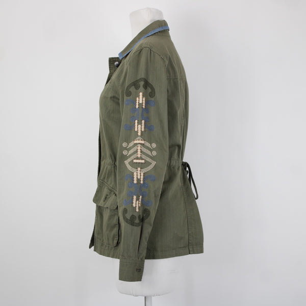 Hei Hei Sz XS Olive Green Blue Trim Embroidered Tie Back Cotton Pockets Jacket