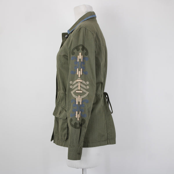 Hei Hei Sz XS Olive Green Blue Trim Embroidered Tie Back Cotton Pockets Jacket