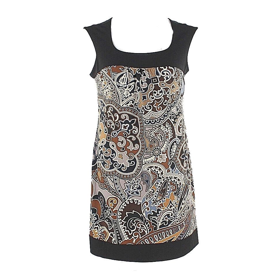 Liz Claiborne Sz 10 Black Tan Gray Multi Polyester Spandex Shift Dress