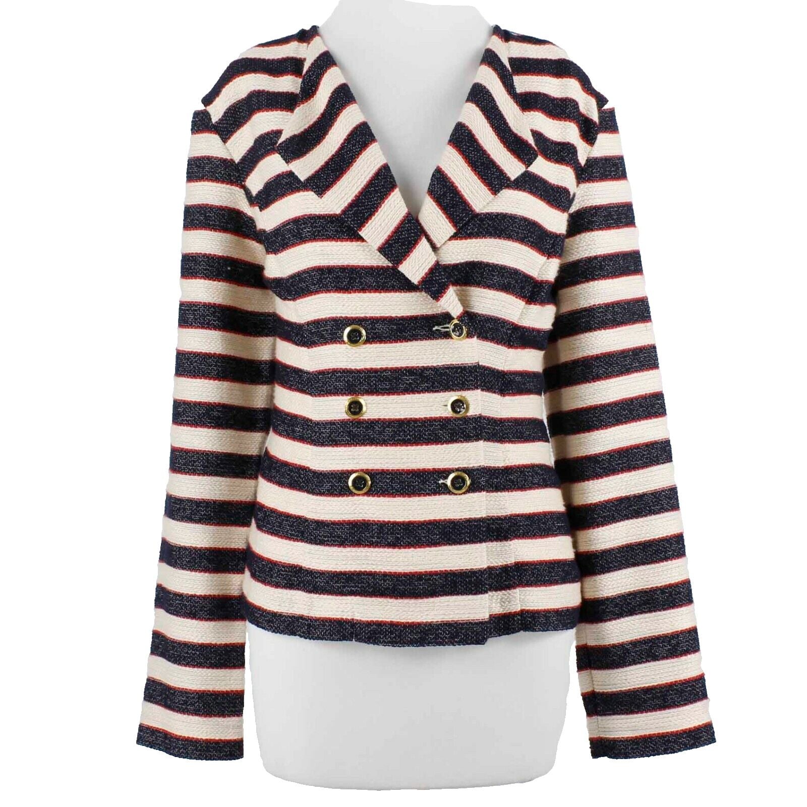 Cabi Sz 10 Cream Navy Red Double Breasted Cotton Blend Tight Knit Jacket