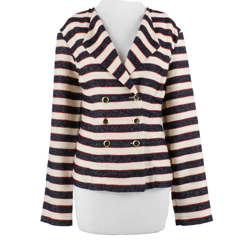 Cabi Sz 10 Cream Navy Red Double Breasted Cotton Blend Tight Knit Jacket