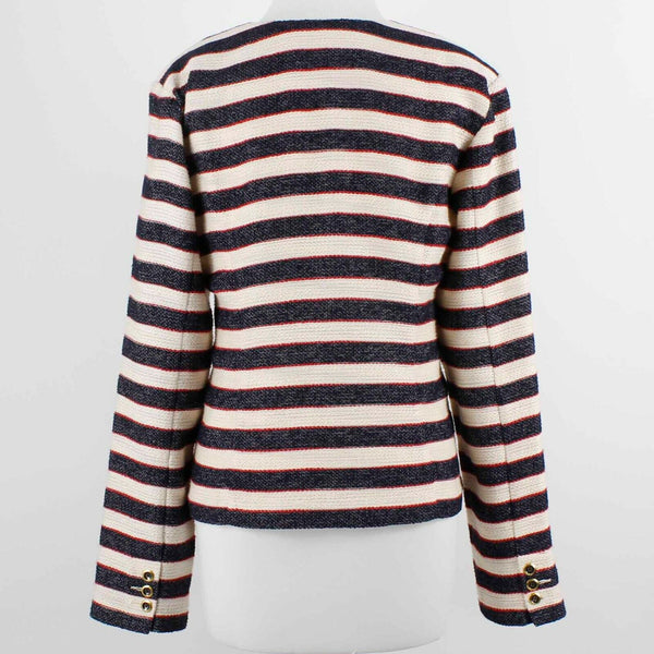 Cabi Sz 10 Cream Navy Red Double Breasted Cotton Blend Tight Knit Jacket