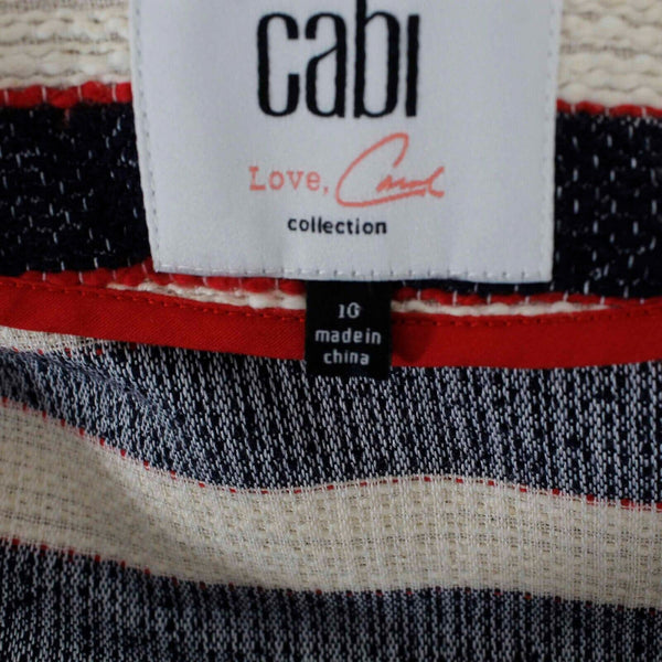 Cabi Sz 10 Cream Navy Red Double Breasted Cotton Blend Tight Knit Jacket