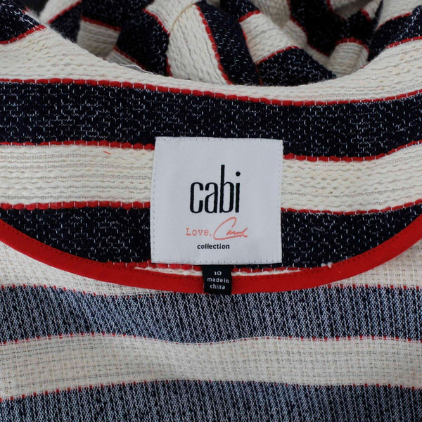 Cabi Sz 10 Cream Navy Red Double Breasted Cotton Blend Tight Knit Jacket