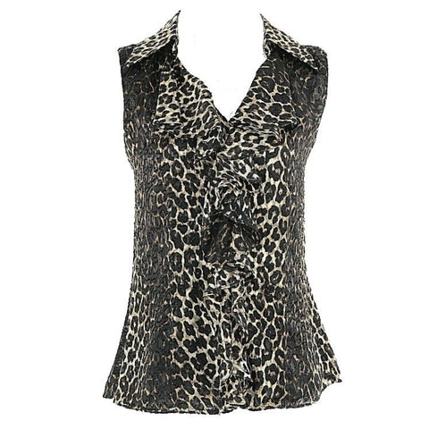 Dana Buchman Sz 2 Black Gold Leopard 100% Silk Ruffle Textured Lined Top