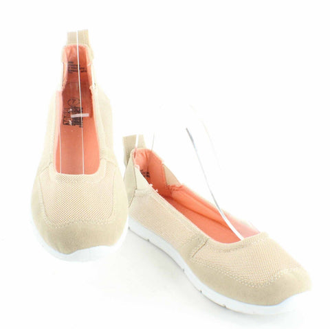 Casual Cool Sz 7 Tan White Coral Fabric Mesh Upper Slip On .5" Heel Flats