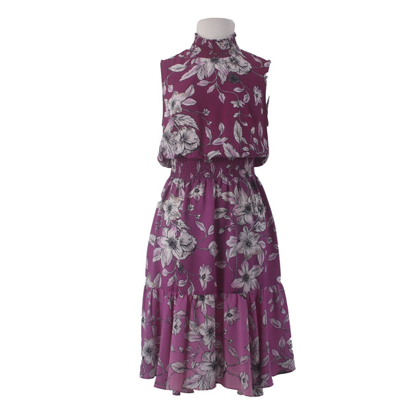 Nanette Lepore Dress Sz 8 Purple White Floral Turtleneck Ruffles 100% Polyester