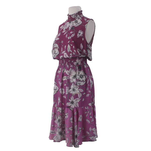 Nanette Lepore Dress Sz 8 Purple White Floral Turtleneck Ruffles 100% Polyester
