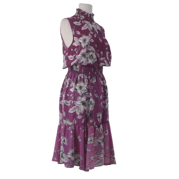 Nanette Lepore Dress Sz 8 Purple White Floral Turtleneck Ruffles 100% Polyester