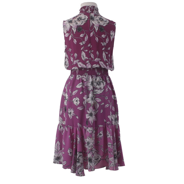 Nanette Lepore Dress Sz 8 Purple White Floral Turtleneck Ruffles 100% Polyester