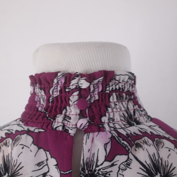Nanette Lepore Dress Sz 8 Purple White Floral Turtleneck Ruffles 100% Polyester