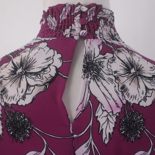 Nanette Lepore Dress Sz 8 Purple White Floral Turtleneck Ruffles 100% Polyester