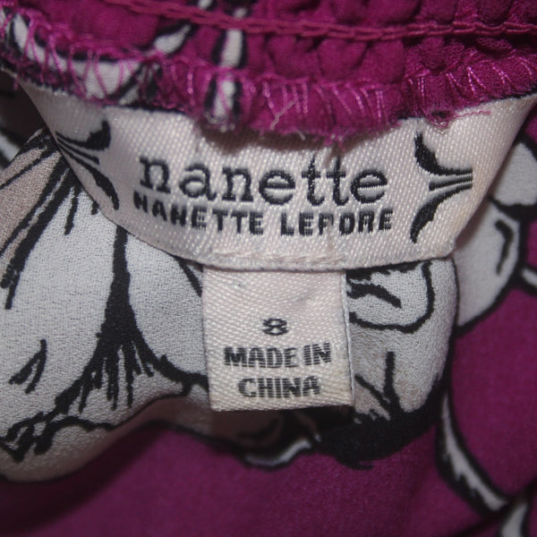 Nanette Lepore Dress Sz 8 Purple White Floral Turtleneck Ruffles 100% Polyester