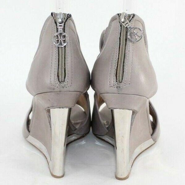 Fabi $380 Sz 39 Taupe Tan Lavender Silver Leather 4" Wedge Italian Heel