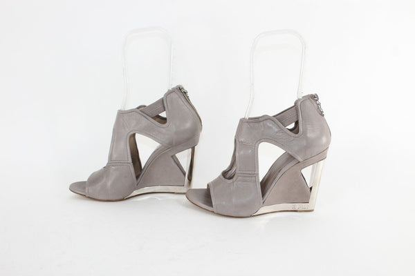Fabi $380 Sz 39 Taupe Tan Lavender Silver Leather 4" Wedge Italian Heel