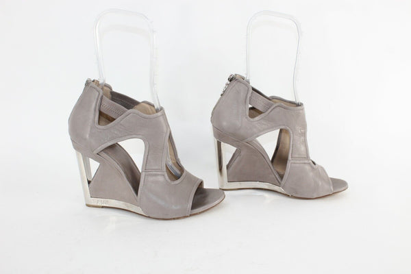 Fabi $380 Sz 39 Taupe Tan Lavender Silver Leather 4" Wedge Italian Heel