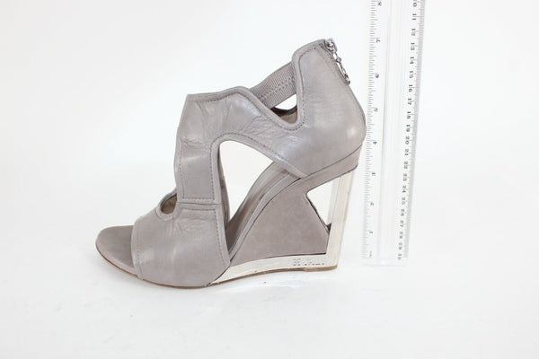 Fabi $380 Sz 39 Taupe Tan Lavender Silver Leather 4" Wedge Italian Heel