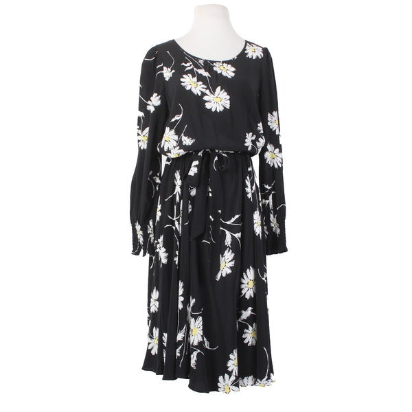 Talbots Dress Sz 8 Black White Yellow Floral Midi Unlined 100% Viscose Dress