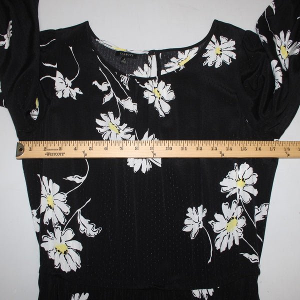 Talbots Dress Sz 8 Black White Yellow Floral Midi Unlined 100% Viscose Dress