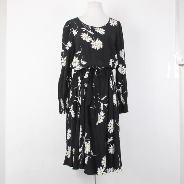 Talbots Dress Sz 8 Black White Yellow Floral Midi Unlined 100% Viscose Dress