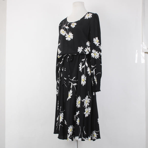 Talbots Dress Sz 8 Black White Yellow Floral Midi Unlined 100% Viscose Dress
