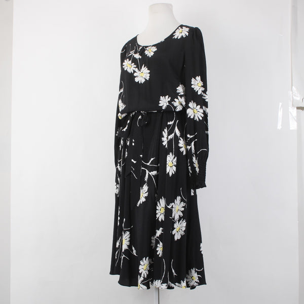 Talbots Dress Sz 8 Black White Yellow Floral Midi Unlined 100% Viscose Dress