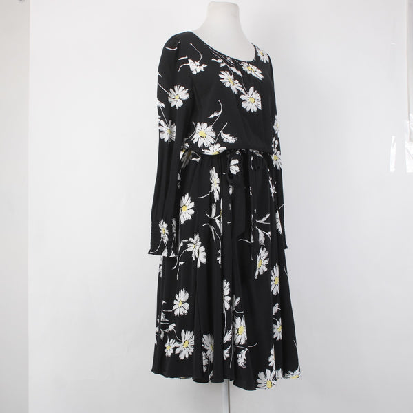 Talbots Dress Sz 8 Black White Yellow Floral Midi Unlined 100% Viscose Dress