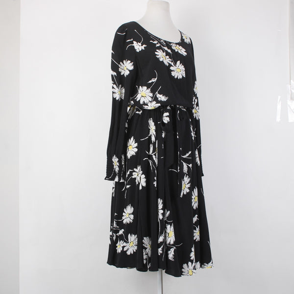 Talbots Dress Sz 8 Black White Yellow Floral Midi Unlined 100% Viscose Dress