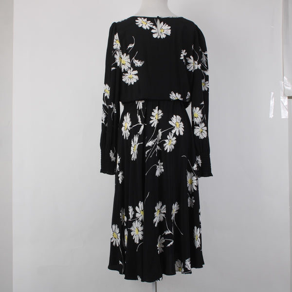 Talbots Dress Sz 8 Black White Yellow Floral Midi Unlined 100% Viscose Dress