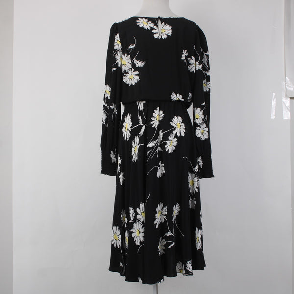 Talbots Dress Sz 8 Black White Yellow Floral Midi Unlined 100% Viscose Dress